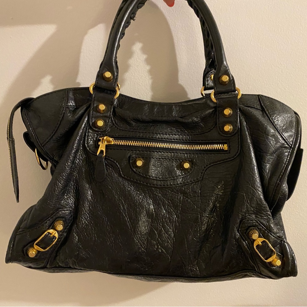 BALENCIAGA city bag Black Leather Handbag with Gold Accents